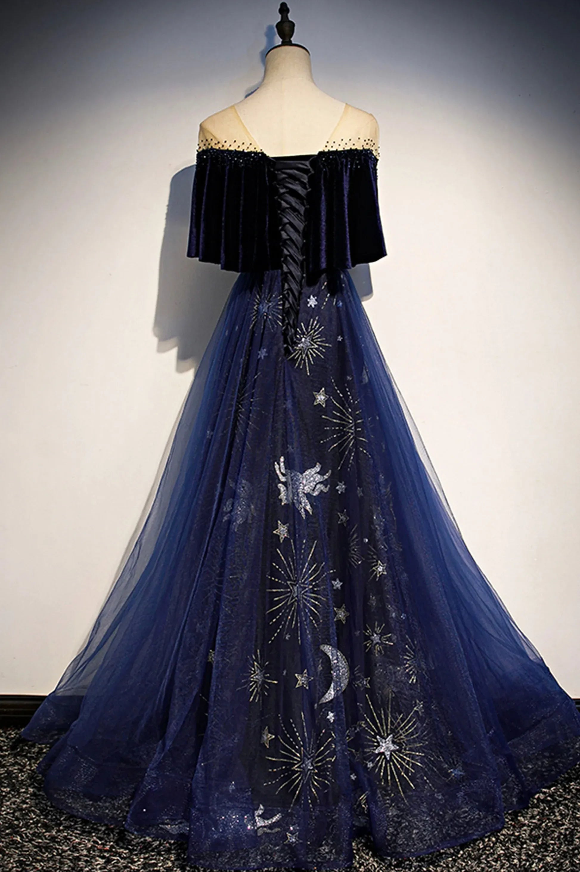 Modern A-Line V Neck Cap Sleeve Lace Up Floor-Length Prom Dress