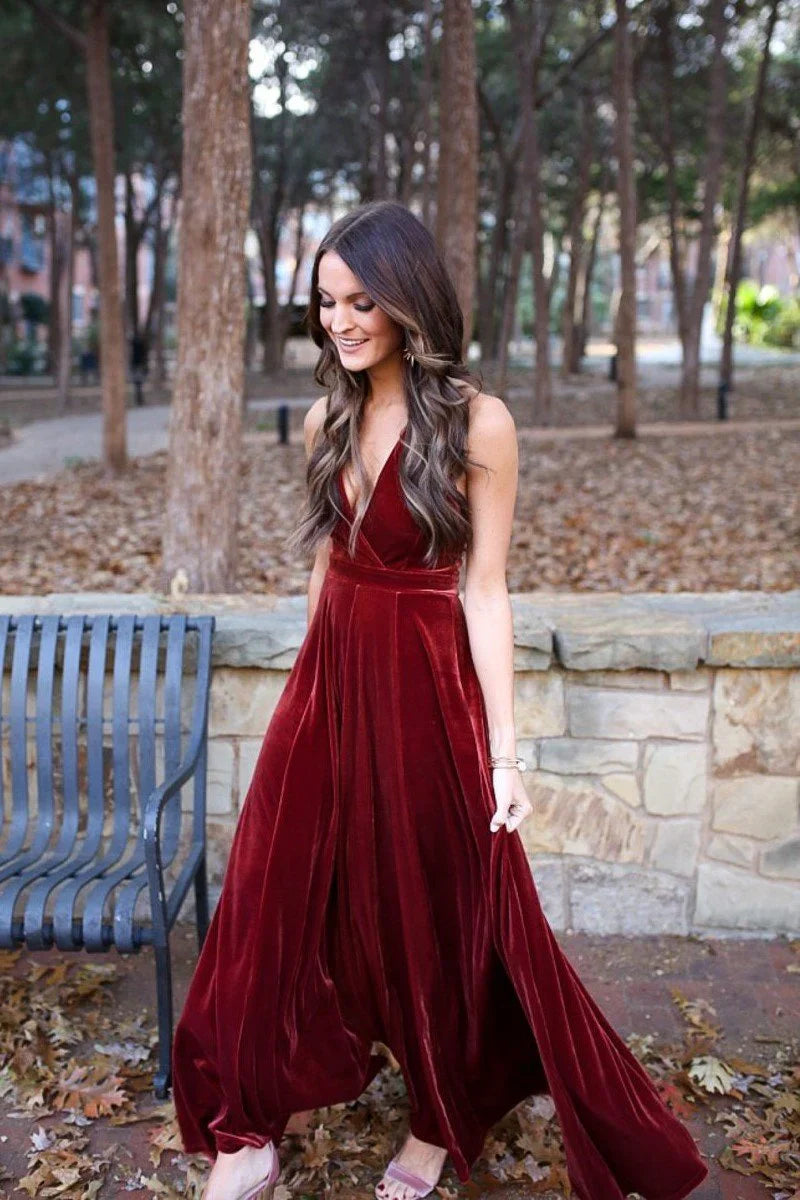 Modern A-Line V Neck Sleeveless Backless Floor-Length Prom Dress