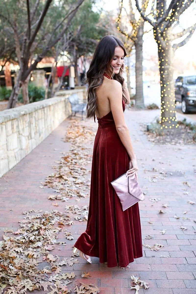 Modern A-Line V Neck Sleeveless Backless Floor-Length Prom Dress