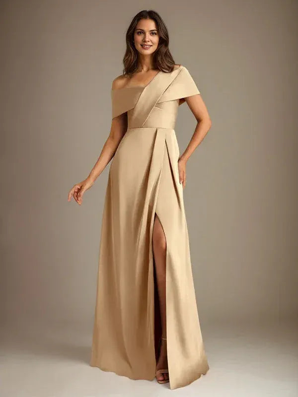 Modern A-line Asymmetric-neck Sleeveless Champagne Floor-length Mother of the Bride Dress Ready to Ship