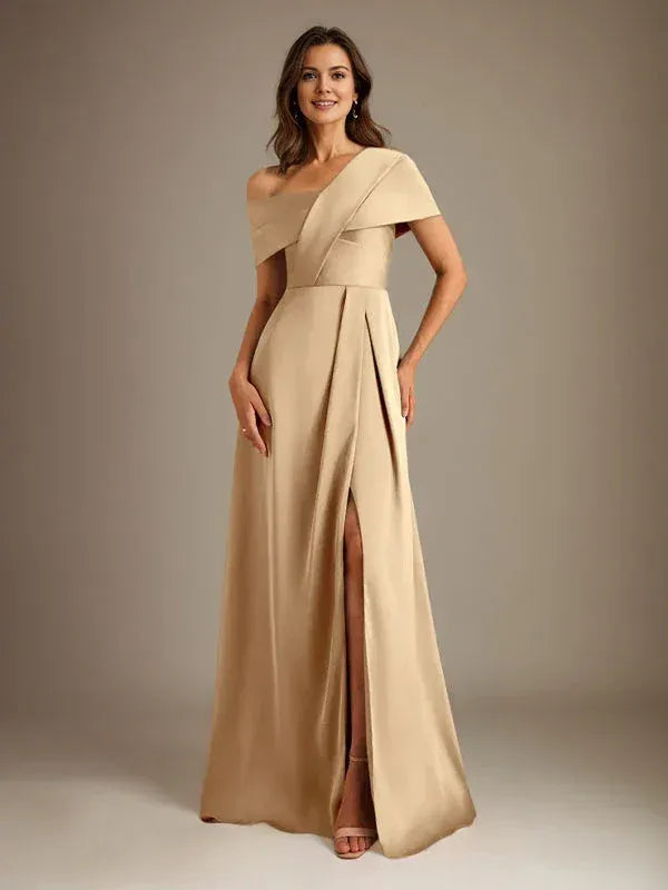Modern A-line Asymmetric-neck Sleeveless Champagne Floor-length Mother of the Bride Dress Ready to Ship