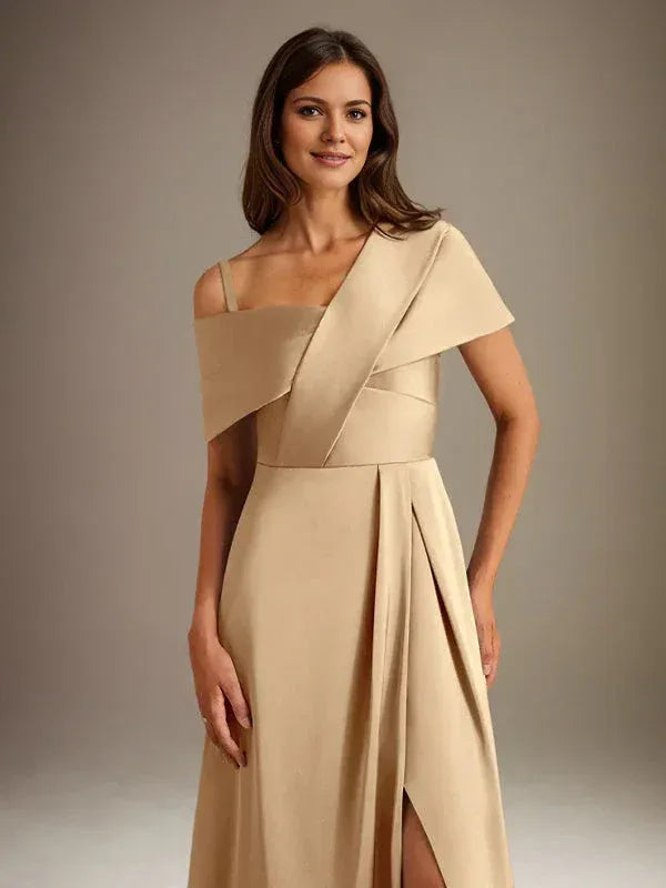 Modern A-line Asymmetric-neck Sleeveless Champagne Floor-length Mother of the Bride Dress Ready to Ship