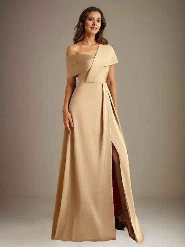 Modern A-line Asymmetric-neck Sleeveless Champagne Floor-length Mother of the Bride Dress Ready to Ship