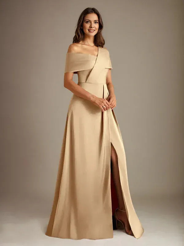 Modern A-line Asymmetric-neck Sleeveless Champagne Floor-length Mother of the Bride Dress Ready to Ship