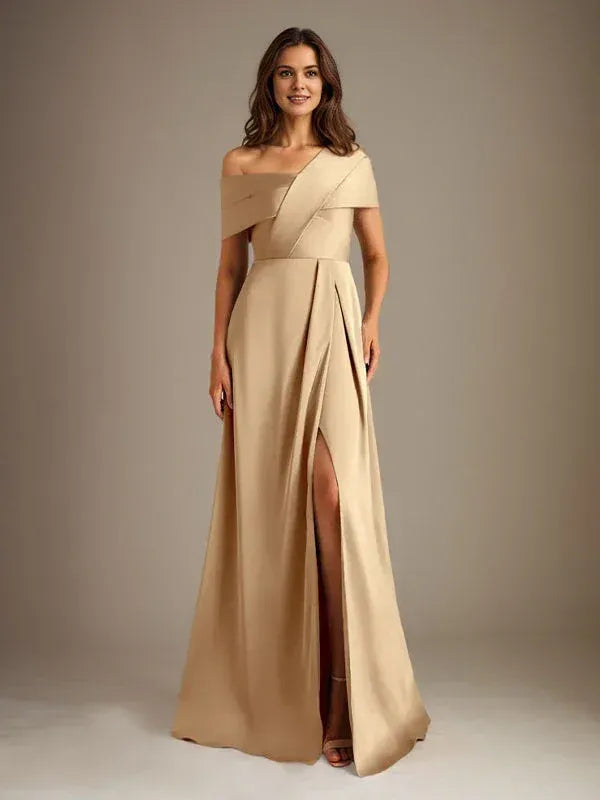 Modern A-line Asymmetric-neck Sleeveless Champagne Floor-length Mother of the Bride Dress Ready to Ship