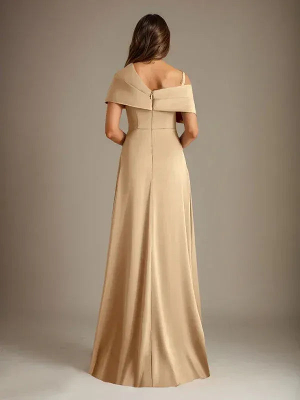 Modern A-line Asymmetric-neck Sleeveless Champagne Floor-length Mother of the Bride Dress Ready to Ship