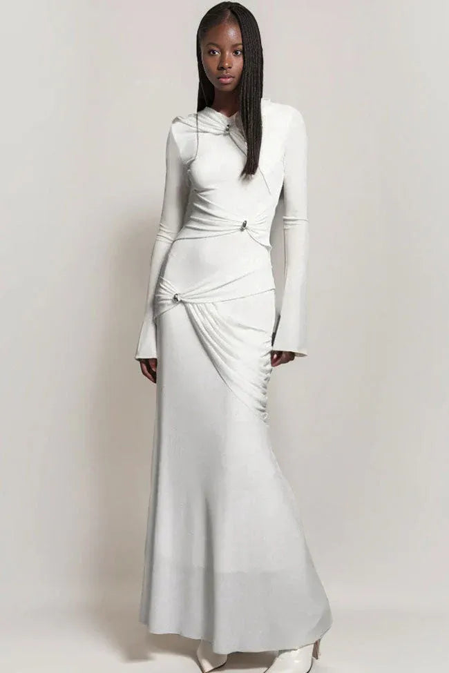 Modern Mermaid Mandarin-Collar Ruched White Maxi Evening Dress for Women