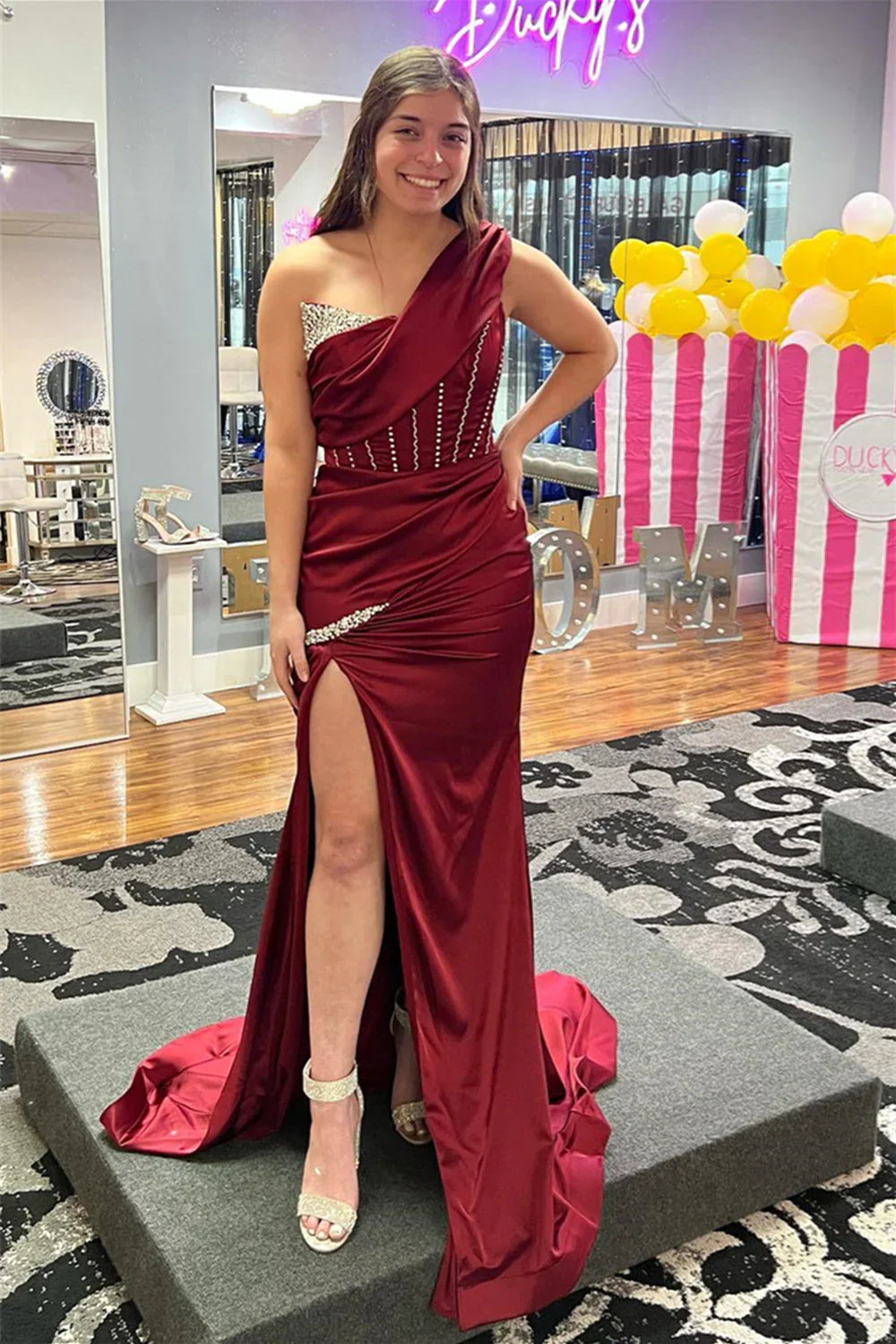 Modern Mermaid One Shoulder Sleeveless Zipper Up Sweep/Brush Train Prom Dress