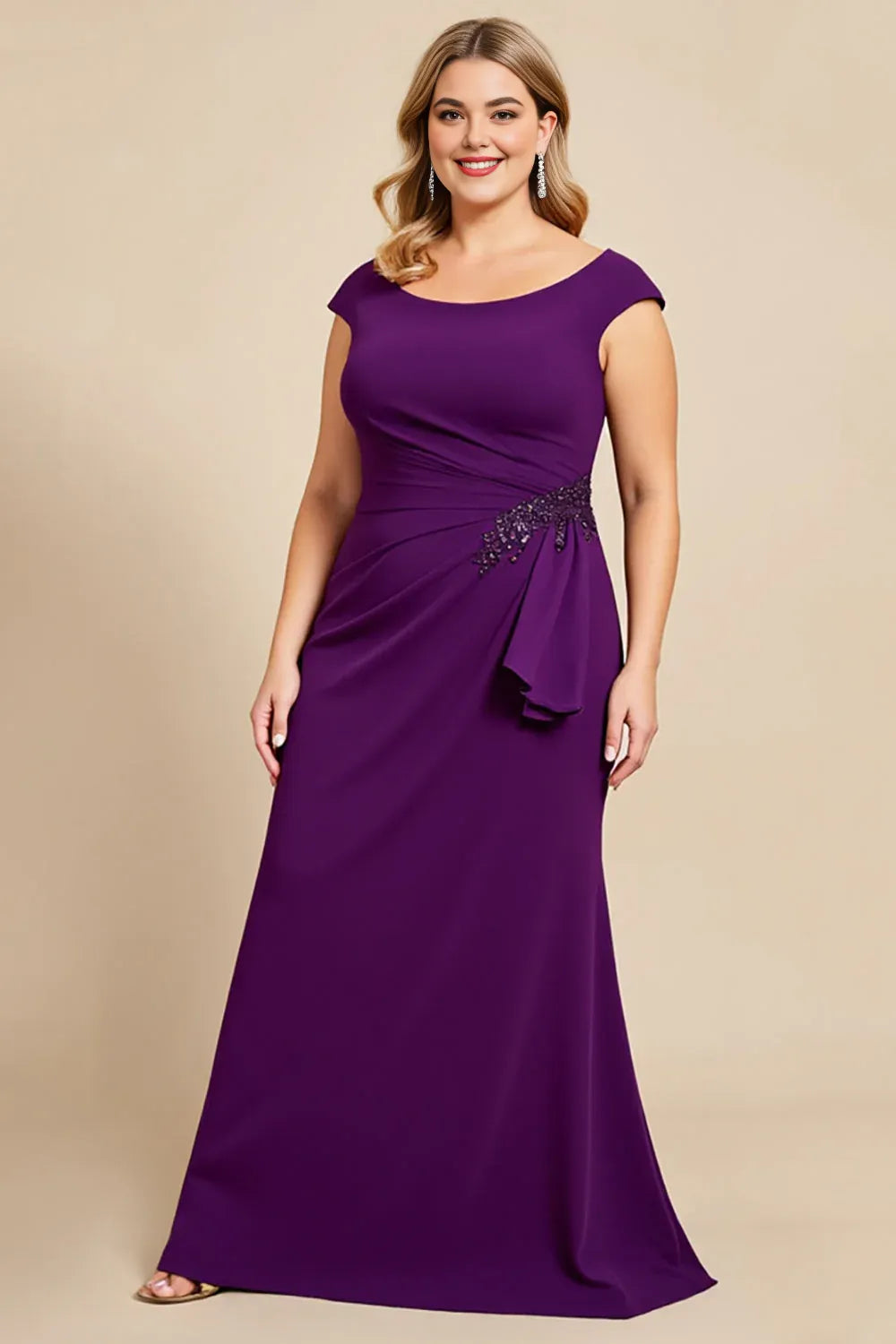 Modern Mermaid Scoop Neck Cap Sleeve Zipper Up Sweep/Brush Train Plus Size Mother of the Bride Dress