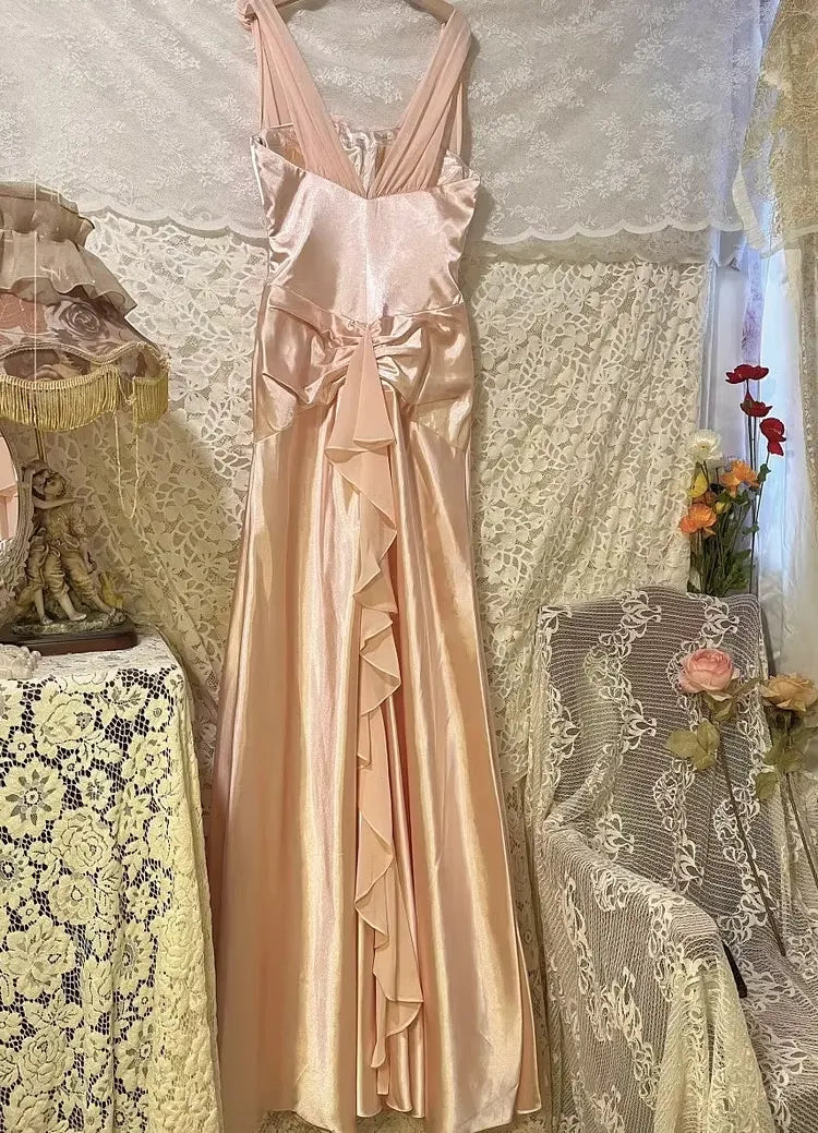 Modern Mermaid V-Neck 3D Flower Bow-Back Satin Blush Pink Train Prom Dress
