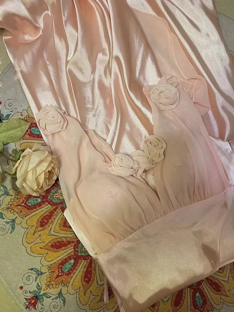 Modern Mermaid V-Neck 3D Flower Bow-Back Satin Blush Pink Train Prom Dress