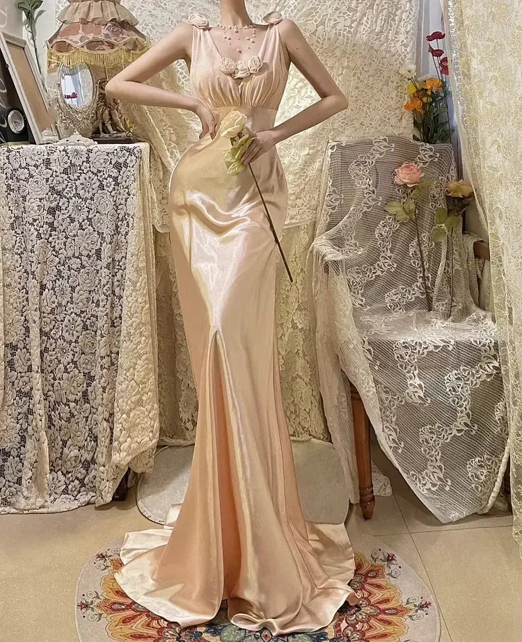 Modern Mermaid V-Neck 3D Flower Bow-Back Satin Blush Pink Train Prom Dress