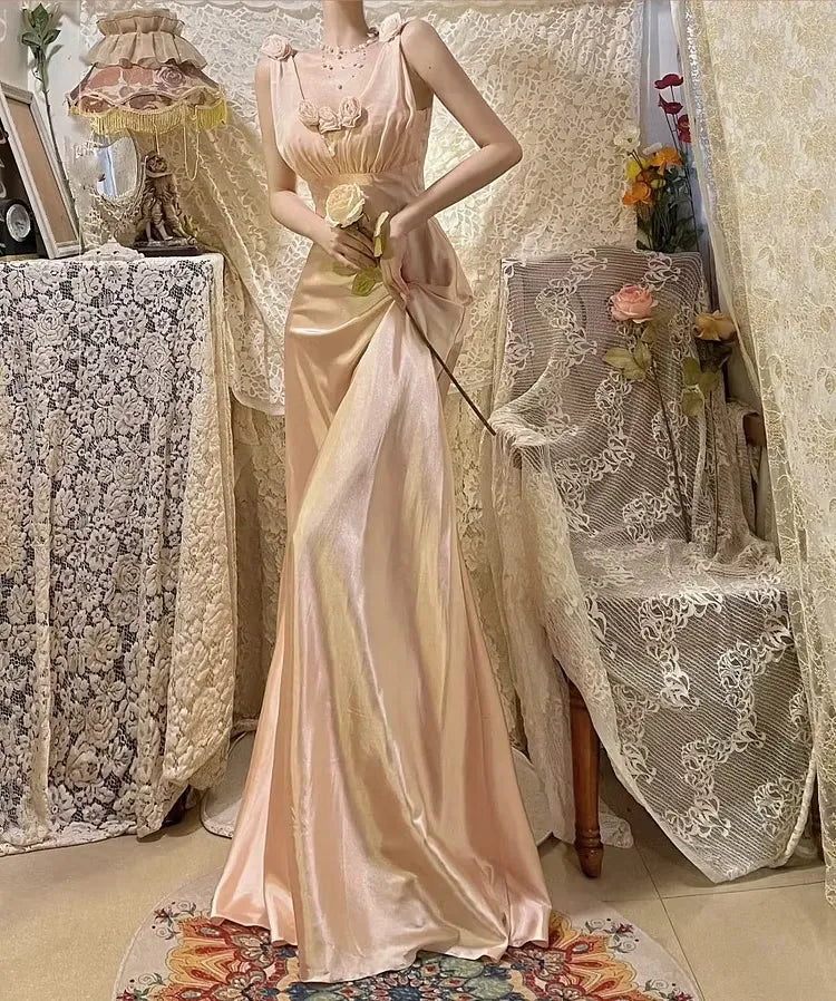 Modern Mermaid V-Neck 3D Flower Bow-Back Satin Blush Pink Train Prom Dress