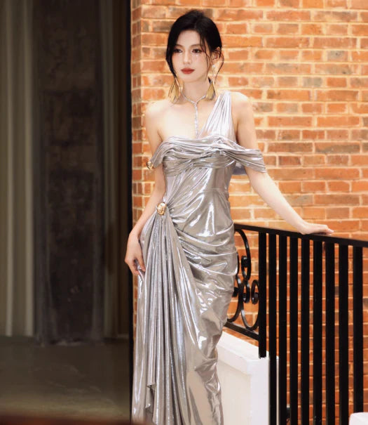 Modern Sheath One Shoulder Pleated Grey Long Formal Evening Dress