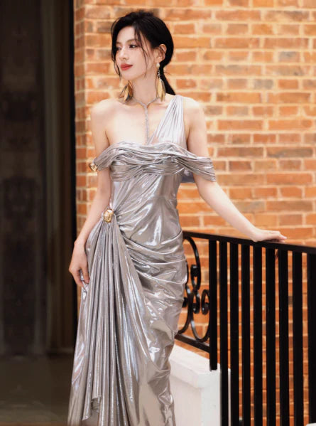 Modern Sheath One Shoulder Pleated Grey Long Formal Evening Dress