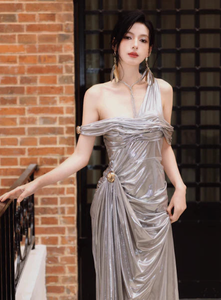 Modern Sheath One Shoulder Pleated Grey Long Formal Evening Dress