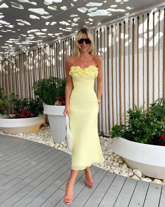 Modern Sheath Strapless Sleeveless Lace Up Tea-Length Prom Dress
