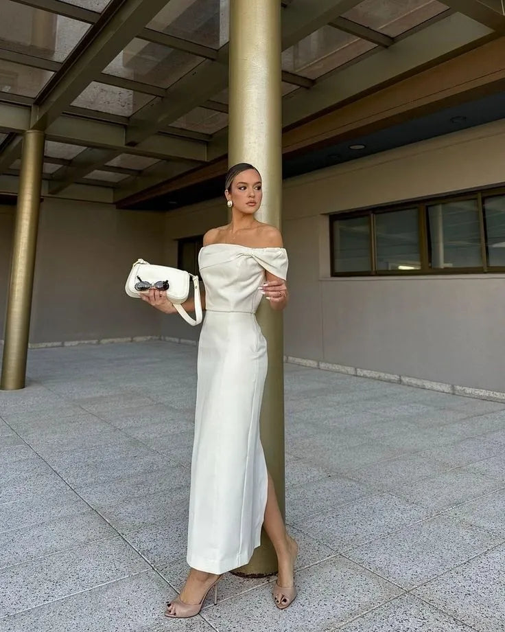 Modern Slim Off the Shoulder Sleeveless Pleated Satin Ankle-Length Evening Dress