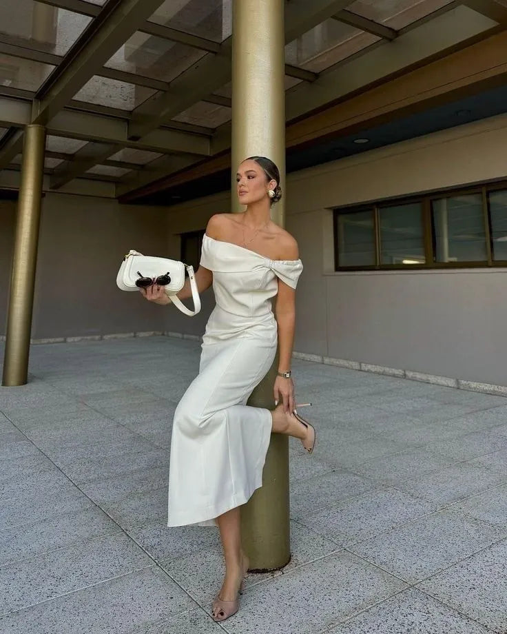 Modern Slim Off the Shoulder Sleeveless Pleated Satin Ankle-Length Evening Dress