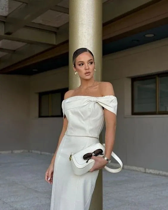 Modern Slim Off the Shoulder Sleeveless Pleated Satin Ankle-Length Evening Dress