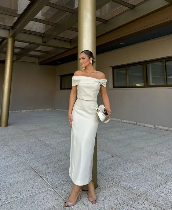 Modern Slim Off the Shoulder Sleeveless Pleated Satin Ankle-Length Evening Dress