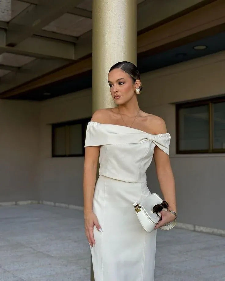 Modern Slim Off the Shoulder Sleeveless Pleated Satin Ankle-Length Evening Dress