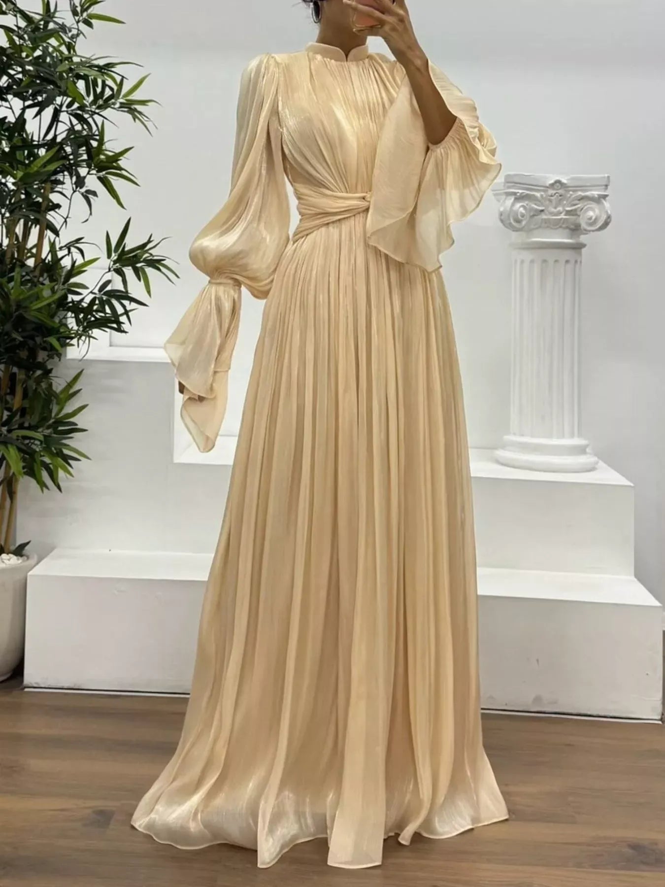 Modest A-Line High-Neck Puff-Sleeve Pleated Champagne Floor-Length Prom Dress