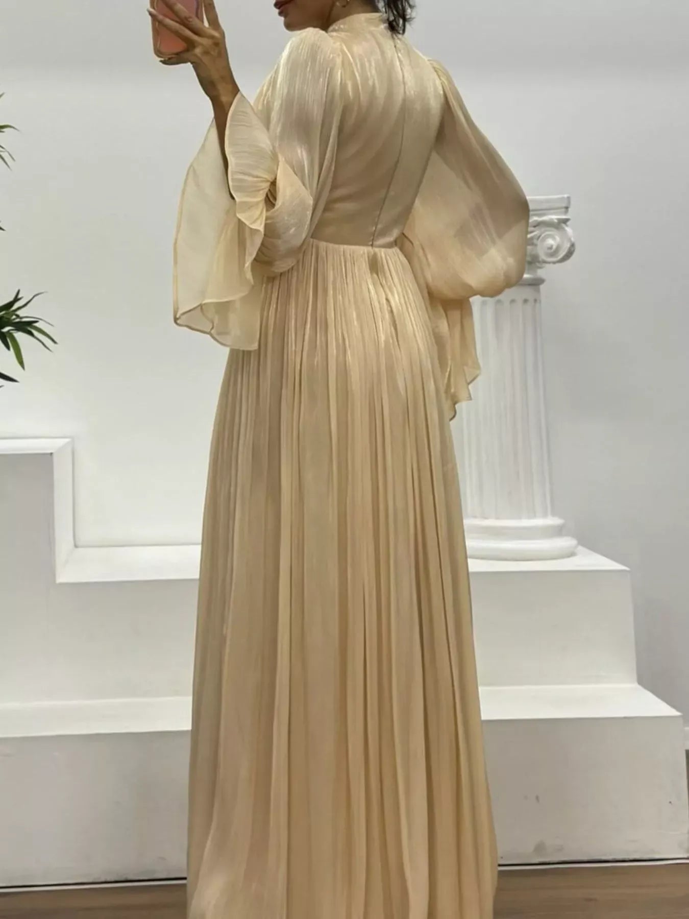 Modest A-Line High-Neck Puff-Sleeve Pleated Champagne Floor-Length Prom Dress