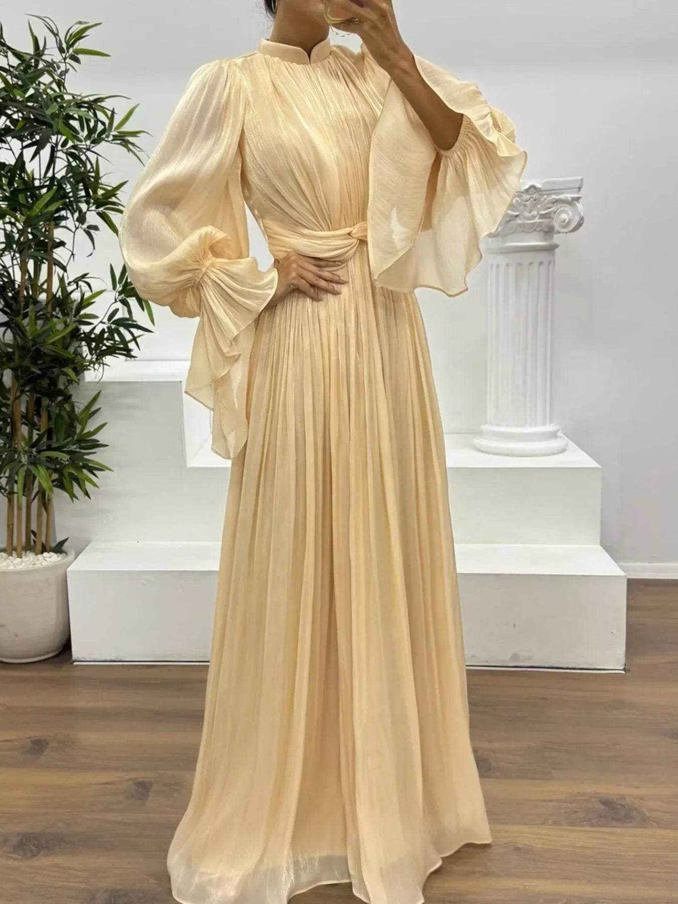 Modest A-Line High-Neck Puff-Sleeve Pleated Champagne Floor-Length Prom Dress