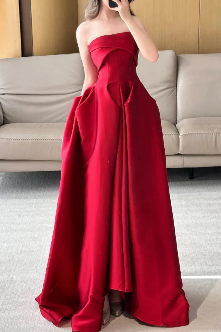 Modest A-line Strapless Satin Burgundy Long Prom Dress Evening Dress