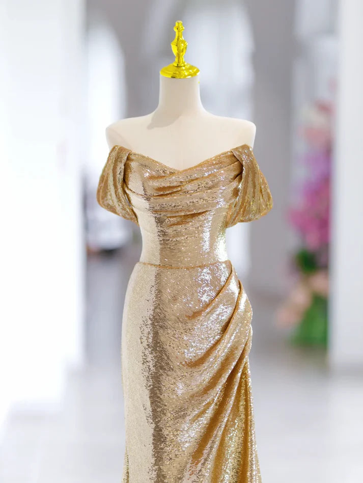 Modest Mermaid Off The Shoulder Sequin Gold Long Evening Dress Prom Dress