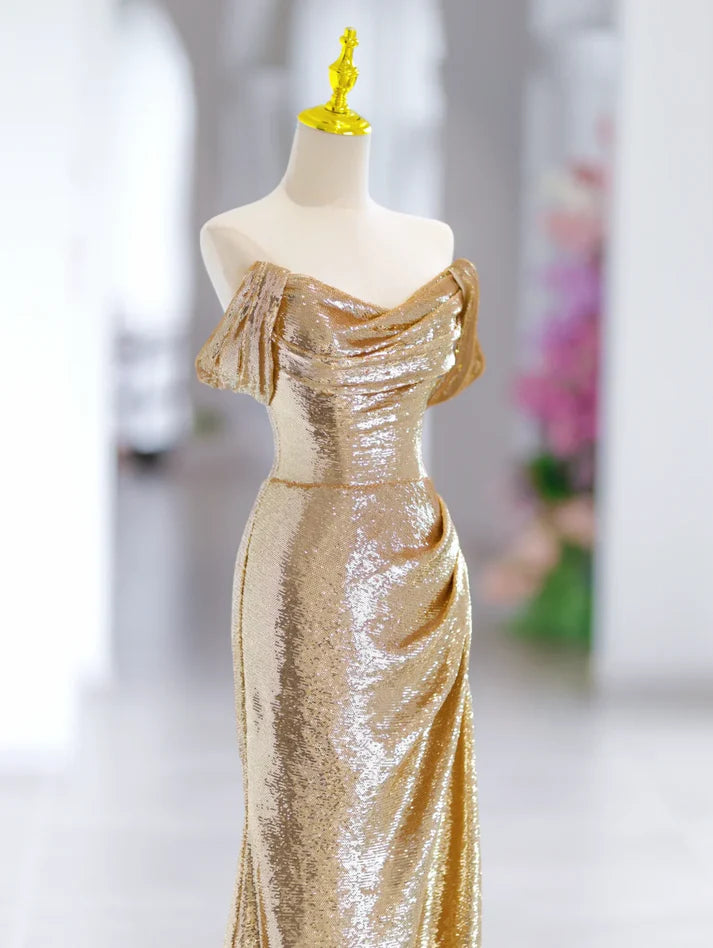 Modest Mermaid Off The Shoulder Sequin Gold Long Evening Dress Prom Dress