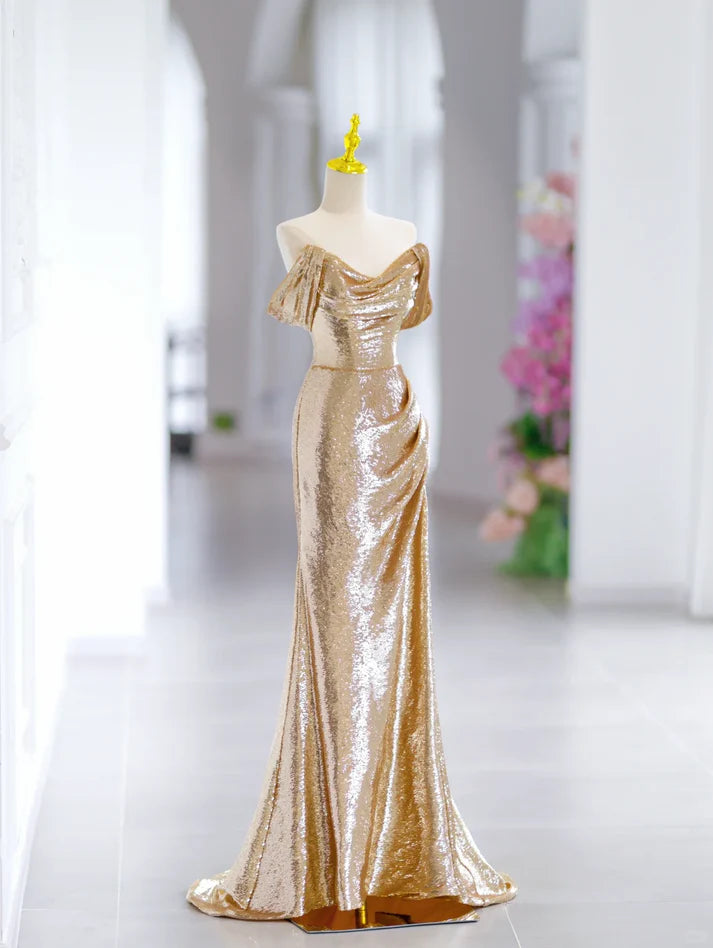 Modest Mermaid Off The Shoulder Sequin Gold Long Evening Dress Prom Dress