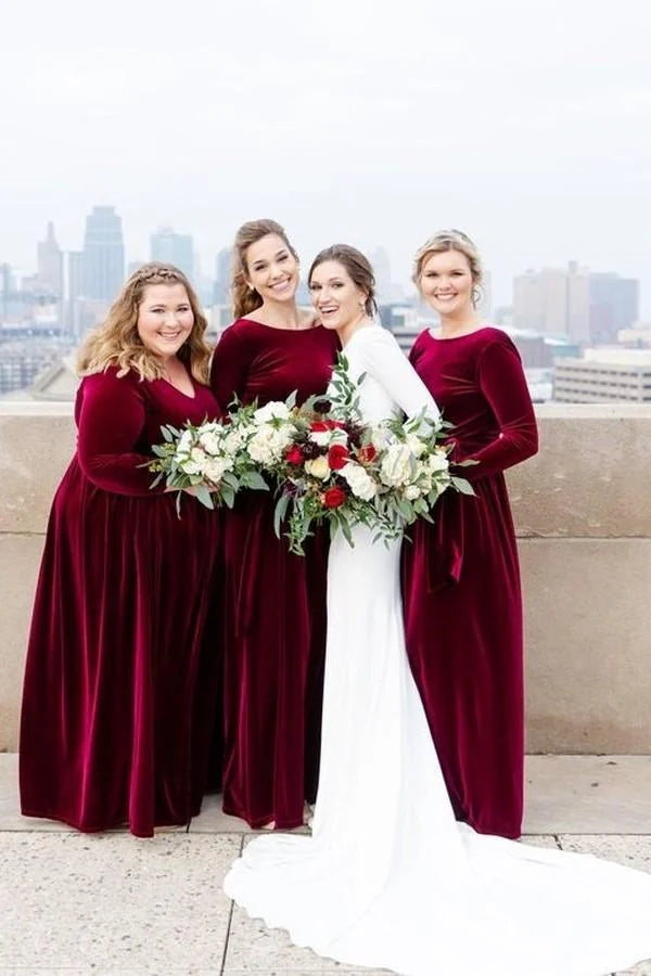 Modest Round Neck Long Sleeves Velvet Burgundy Long Bridesmaid Dresses