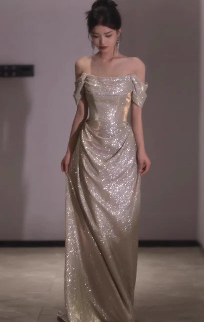 Modest Sheath Off-the-shoulder Pleated Glitter Silver Long Evening Dress