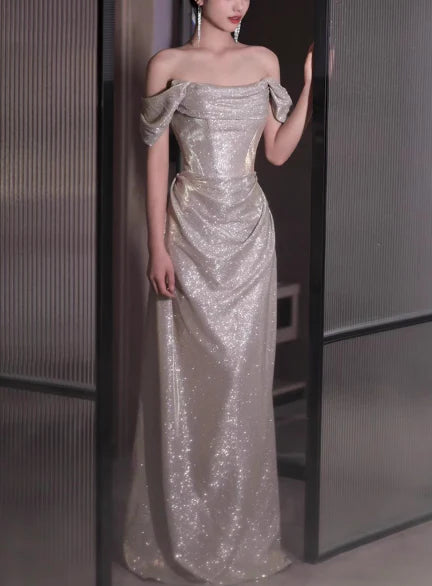 Modest Sheath Off-the-shoulder Pleated Glitter Silver Long Evening Dress