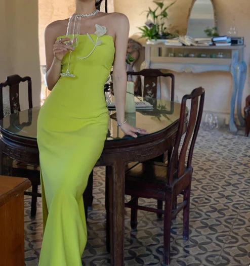 Modest Sheath Strapless Satin Green Evening Dress Party Dress With Slit