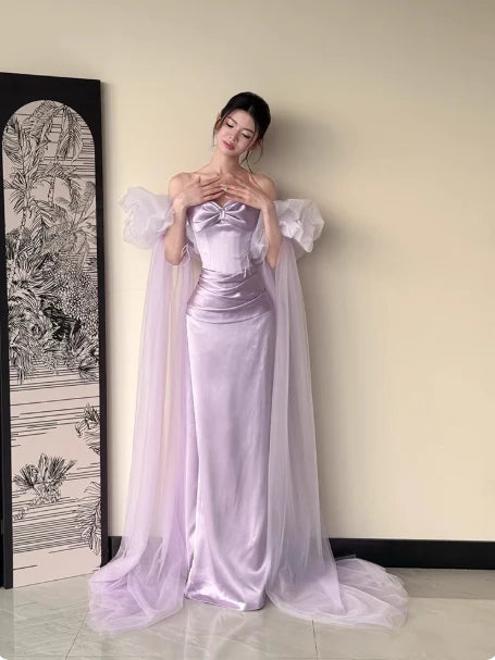 Modest Sheath Strapless Satin Lavender Evening Dress Graduation Dress