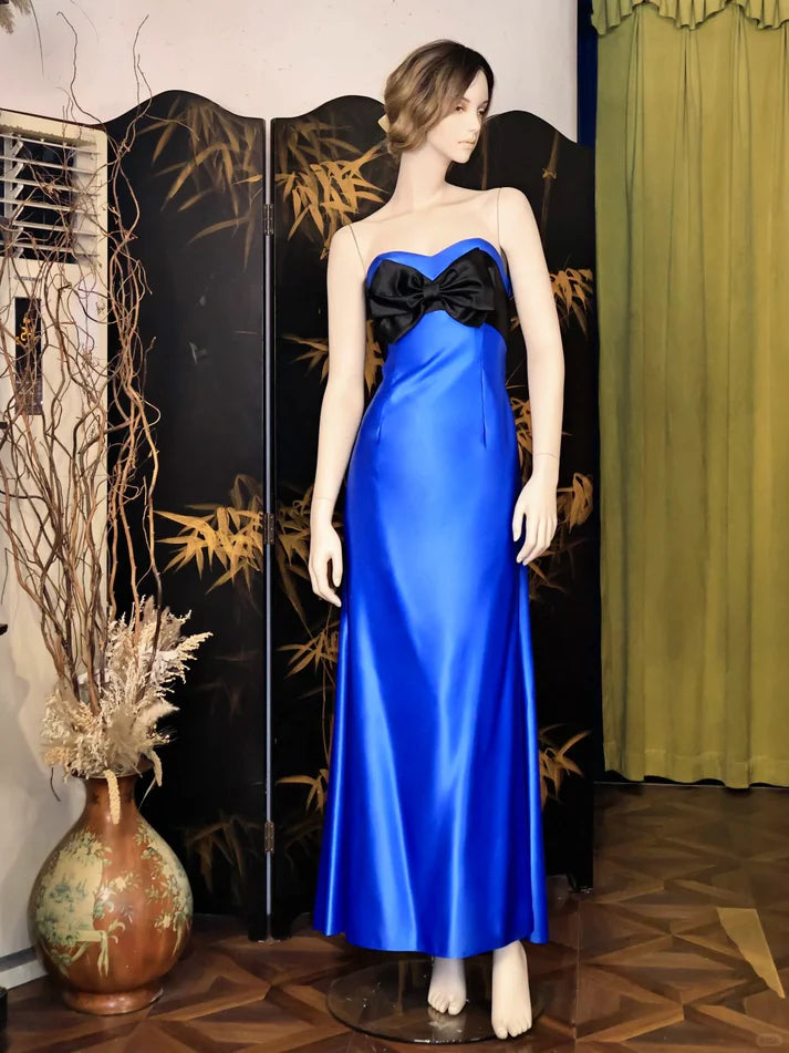 Modest Strapless Bow Satin Royal Blue Evening Dress Birthday Party Dress