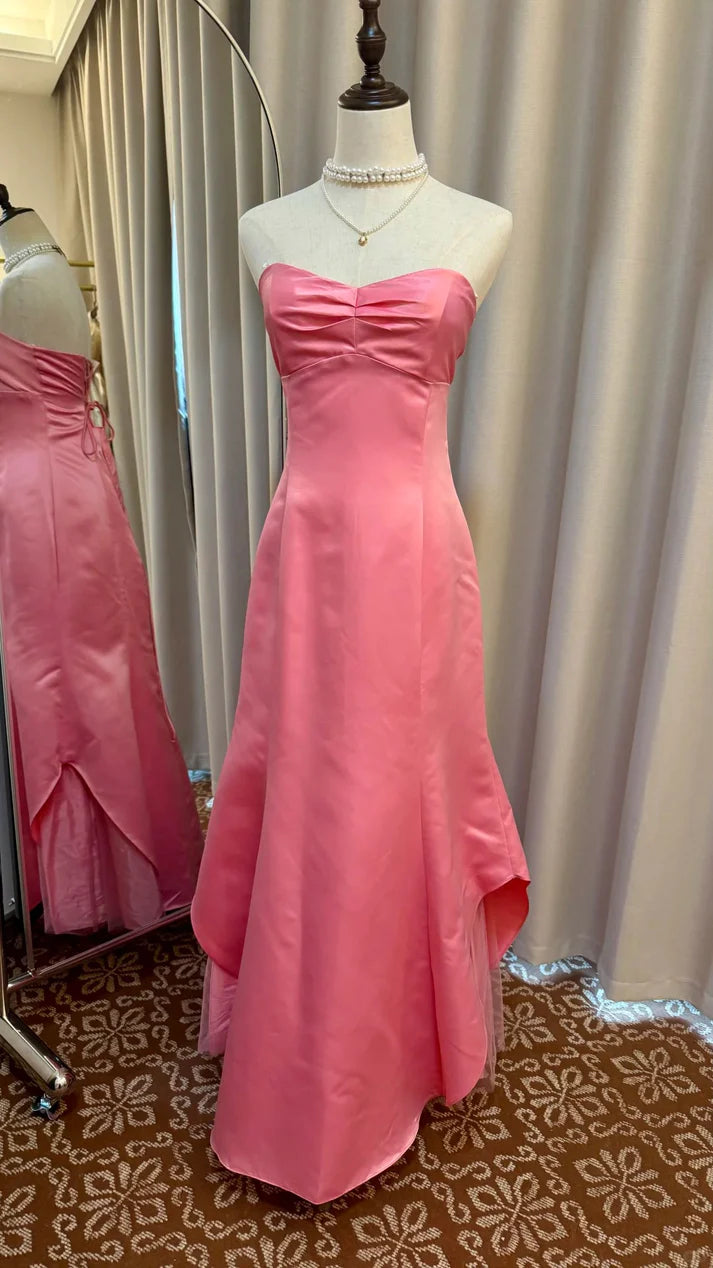 Modest Strapless Satin Hot Pink Long Evening Dress Birthday Dress