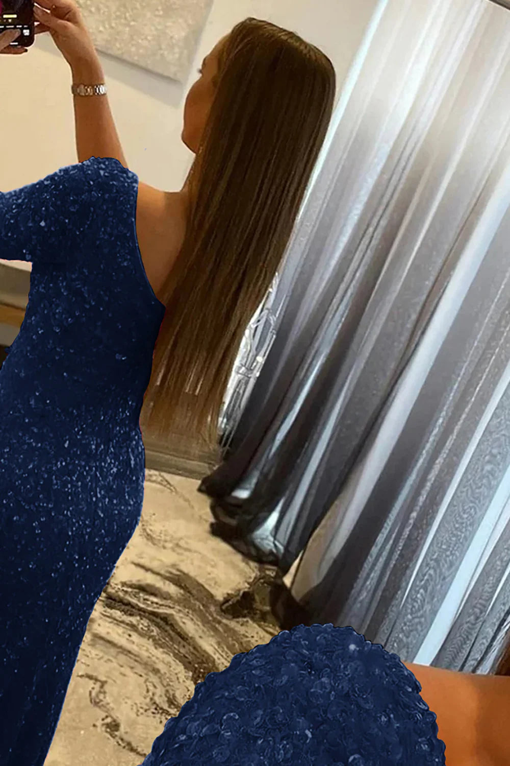 Mermaid Glitter One-Shoulder Single Sleeve Prom Dress With Sequins