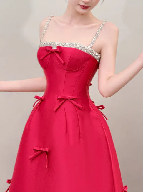New A-Line Bow Satin Burgundy Long Evening Dress With Beaded