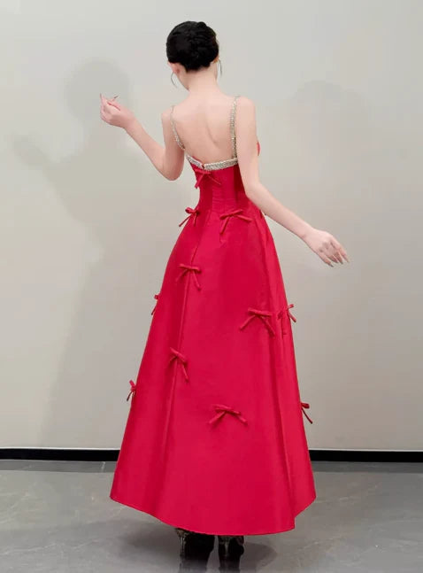 New A-Line Bow Satin Burgundy Long Evening Dress With Beaded