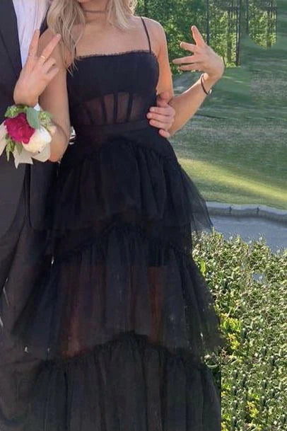 New A-Line Spaghetti Straps Tiered Tulle Black Long Prom Dress Evening Dress