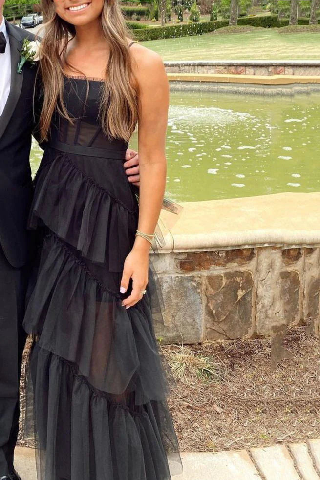 New A-Line Spaghetti Straps Tiered Tulle Black Long Prom Dress Evening Dress