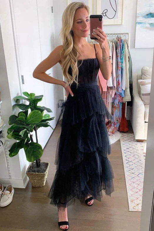 New A-Line Spaghetti Straps Tiered Tulle Black Long Prom Dress Evening Dress