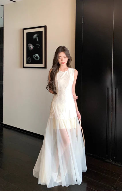 New A-line Round Neck Floral Tulle White Evening Dress Birthday Dress