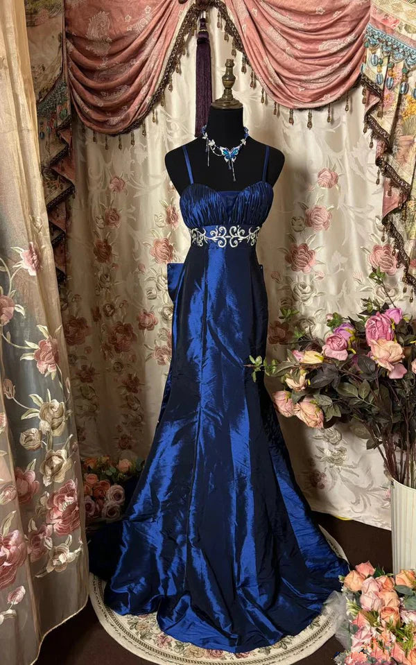 New Arrival Mermaid Spaghetti Straps Blue Long Prom Dress Evening Dress