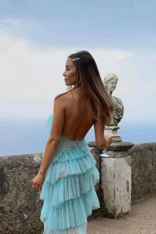 New Halter Tiered Slit Sky Blue Long Prom Dress Evening Dress