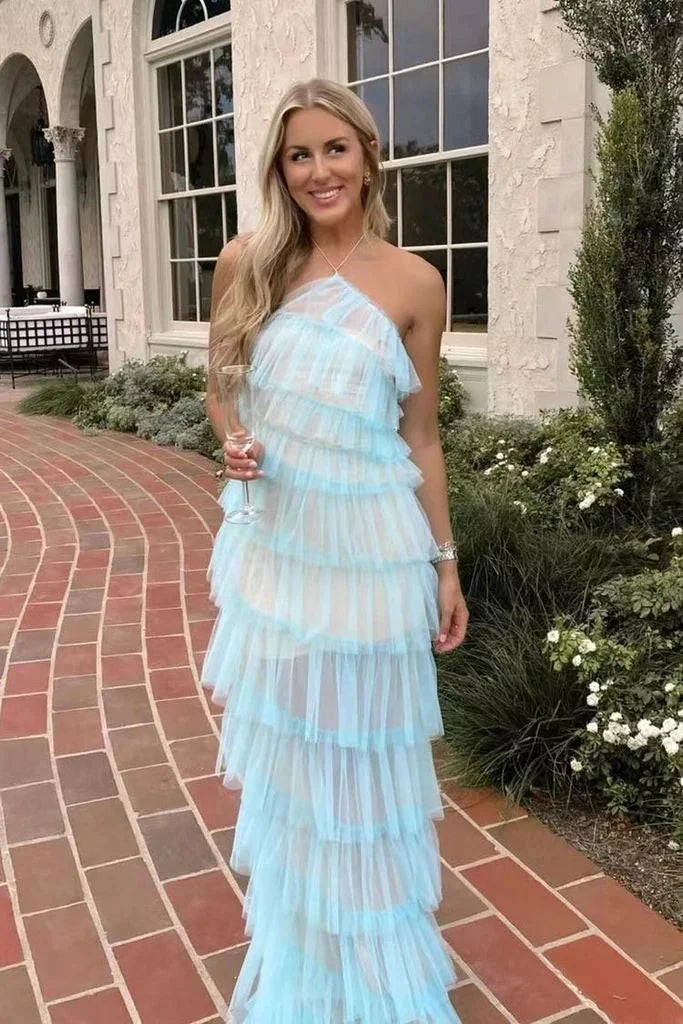 New Halter Tiered Slit Sky Blue Long Prom Dress Evening Dress